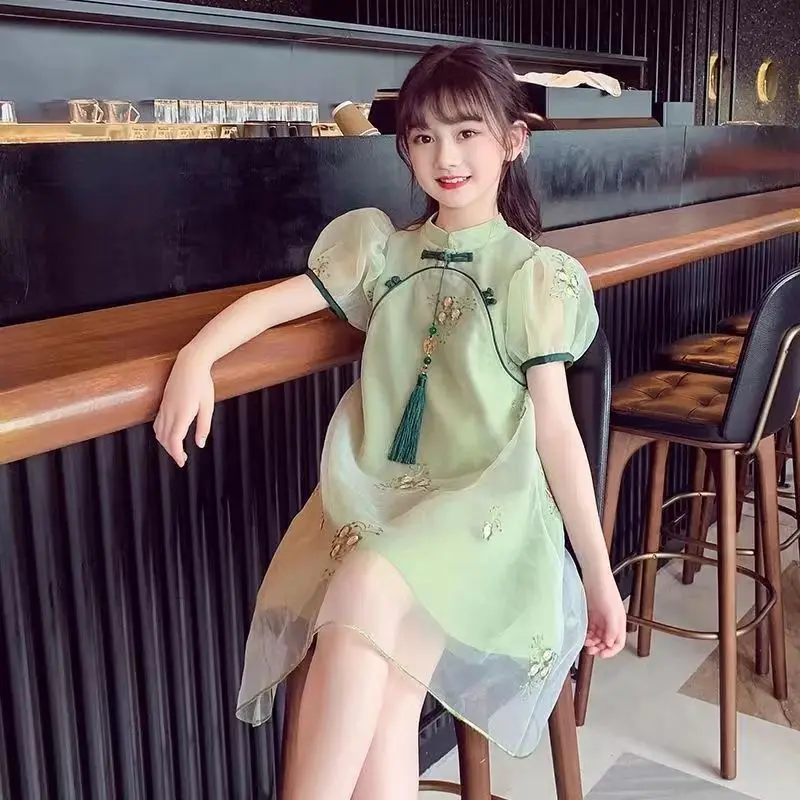 Kids Girls Summer Qipao Dress 2023 Short Sleeve Retro Princess Dress Baby Chinese Style Dress Hanfu Dress Little Girl Baby Dress