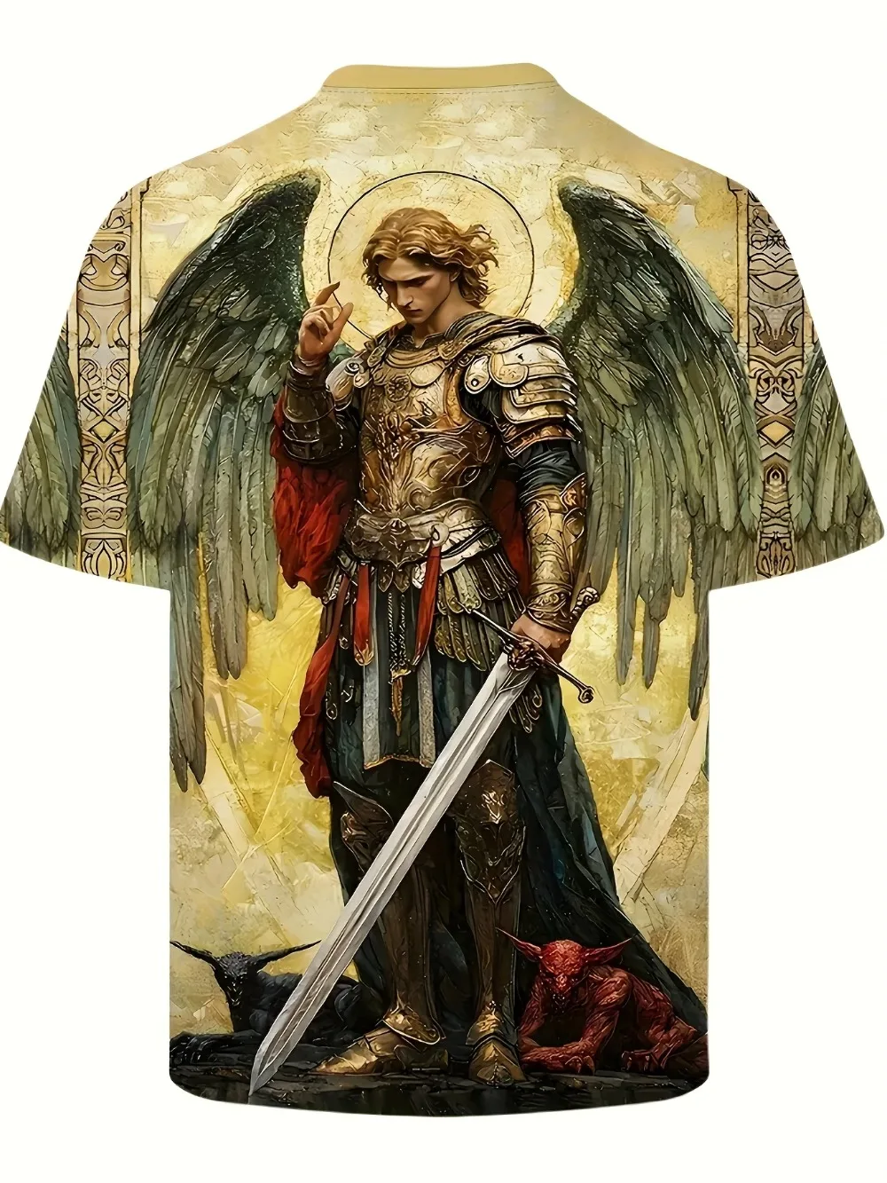 Retro Angel Saint Michael Sword Demon 3D Printed Men's Round-neck T-Shirt - Quick-dry Breathable Sports Casual Family Wear Shirt