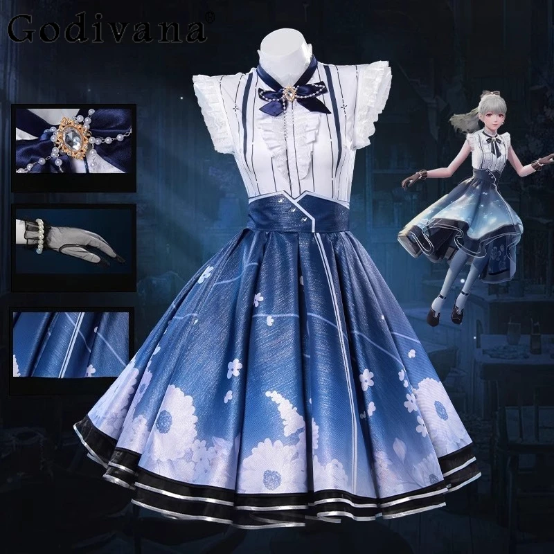 

Princess Dress Outfit for Women Infinity Anime Cosplay Costumes Girl Blue Dresses Female Game Glove Bow Uniform Dress