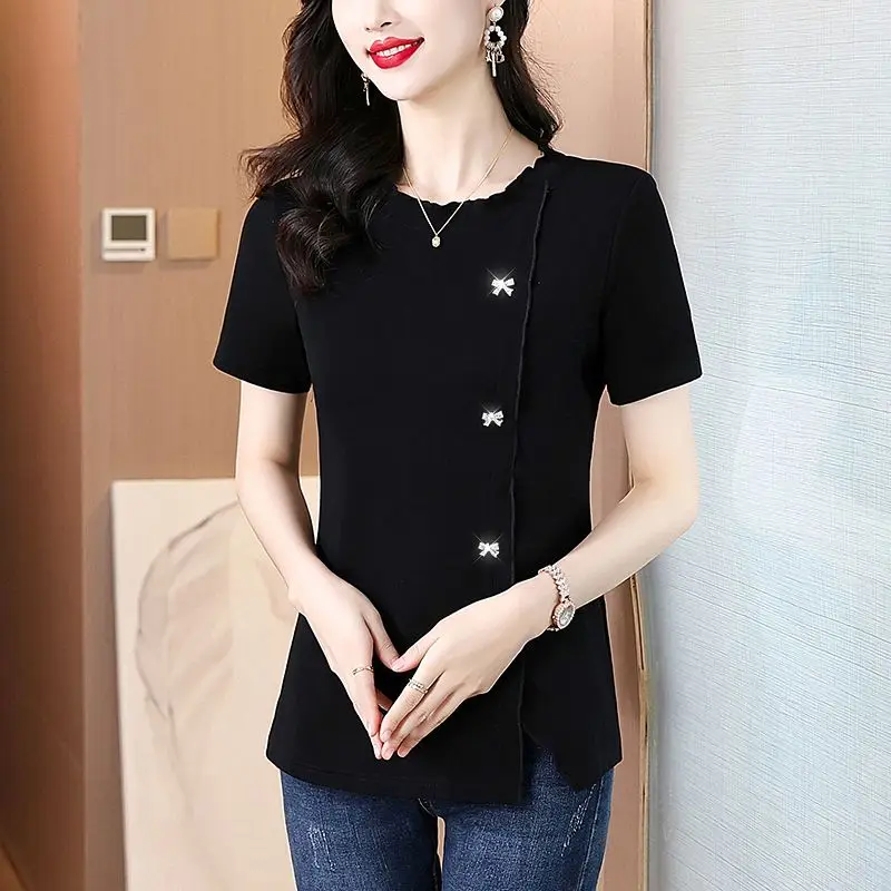 New Summer Women\'s Solid Colors O-Neck Short Sleeve Plus Size Slim Thin Bow Classic Pullovers Trendy Commute Comfortable Tops