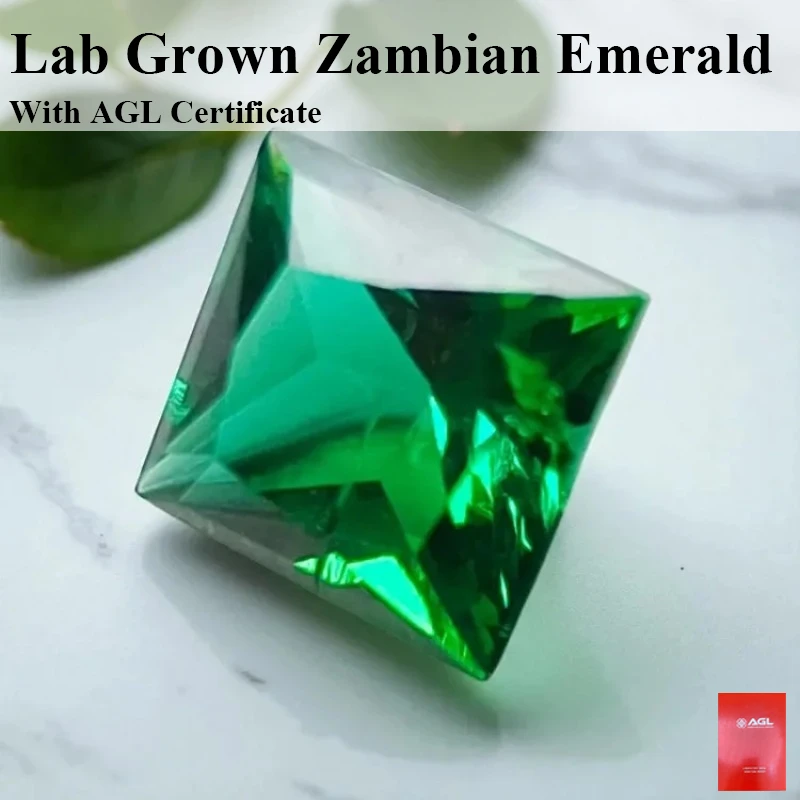 

Lab Grown Zambian Emerald- Hydrothermal, Hand-Cut, Princess Cut, with Cracks Inclusions, Selectable AGL Certificate For Jewelry