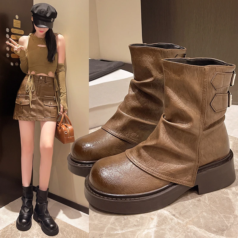 

2025 Autumn Winter minimalist comfortable Thick Heel Women's Platform Women Boots Fashionable versatile Short Boots