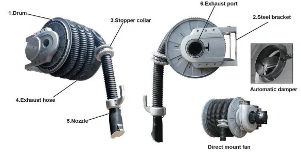 Fengshen Auto Repair Stainless Steel Semi-Automatic Vacuum Hose Reel Damper Exhaust Pipes Dust Collector Tools Fume Extractor CE