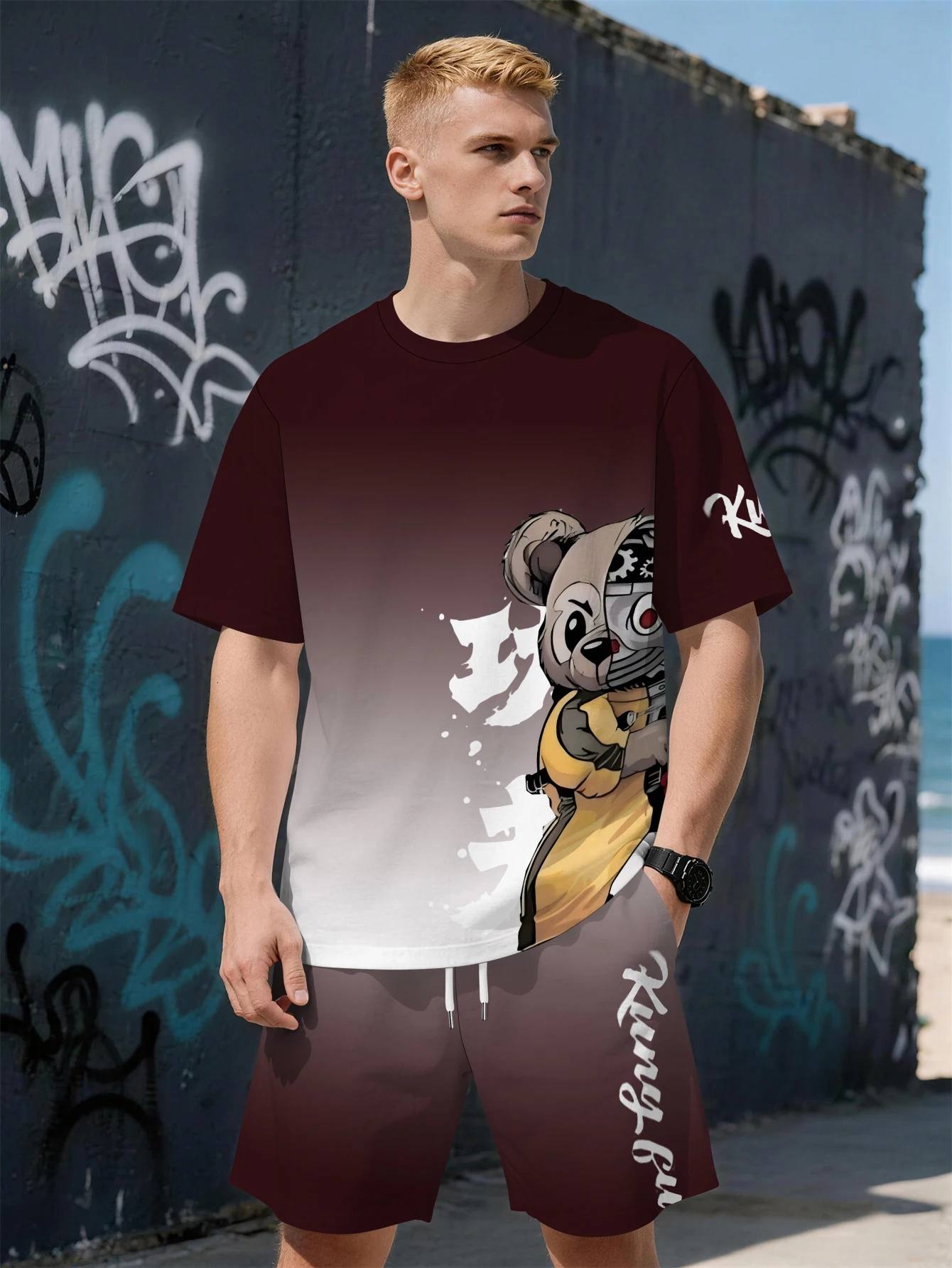 

2026 Summer New Men's Short-Sleeved Set with 3D Bear Pattern Print Street Casual Fashion Comfortable and Soft