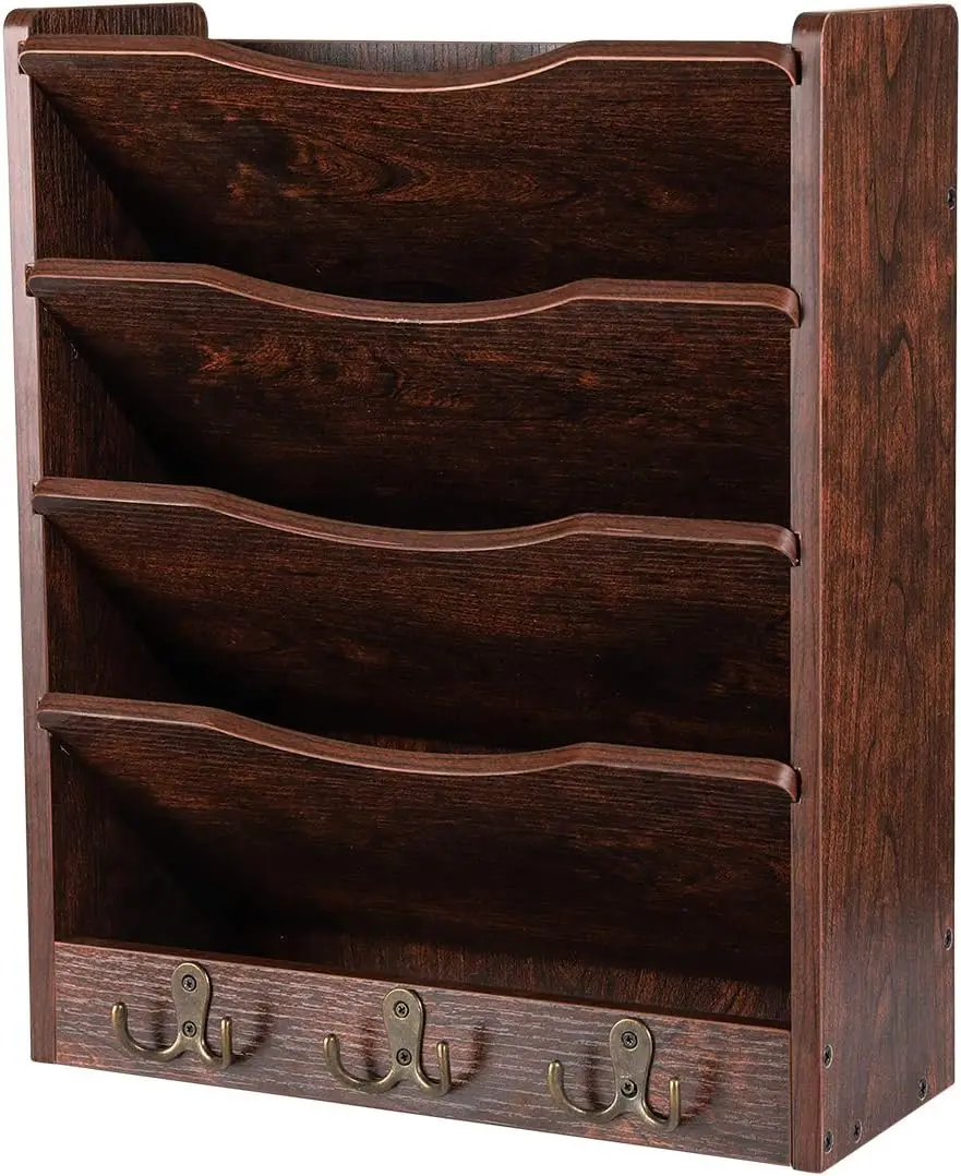 

5-Tier Wall File Holder with Hooks, Wood Magazine Organizer for Home Office, Brown