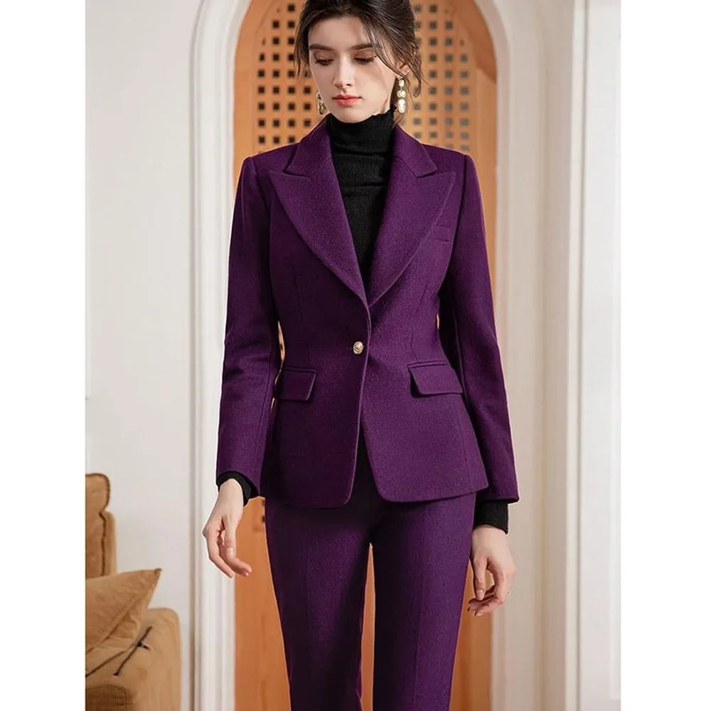 Classy Winter Women Clothing Single Button 2 Pieces Purple Jacket Pants Female Suits New in Banquet Office Lady's Blazers Sets