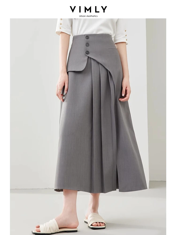 Vimly Grey Casual Simple A-line Umbrella Skirt 2024 Spring Elegant Solid Midi Skirts for Office Ladies Women's Clothing M5382