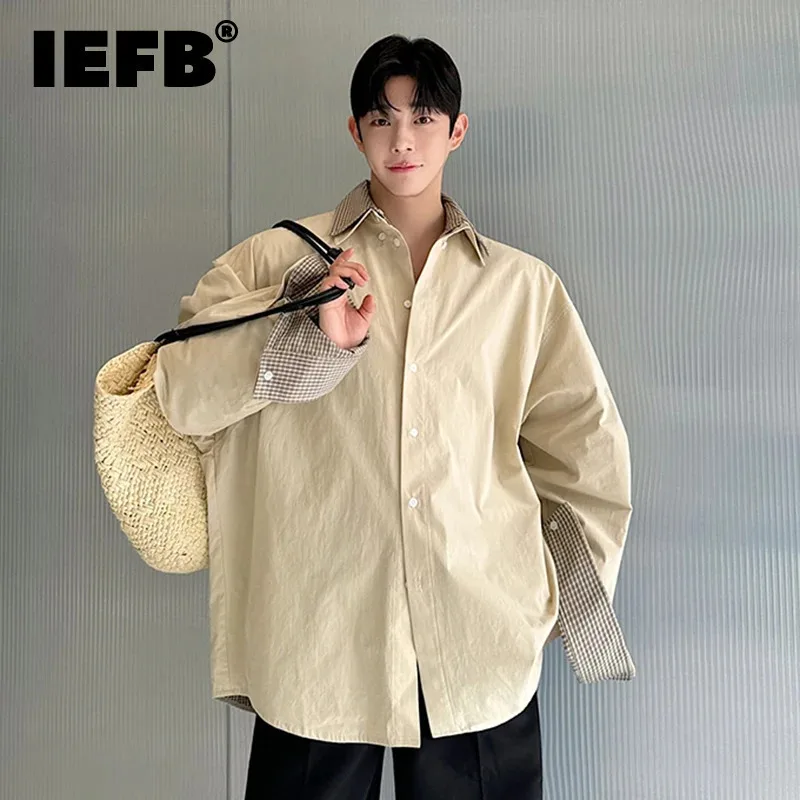 IEFB Reversible Two One-piece Patchwork Long-sleeved Shirts Men Wear Autumn Plaid Turn-down Collar Male Shirt 2024 9C7053