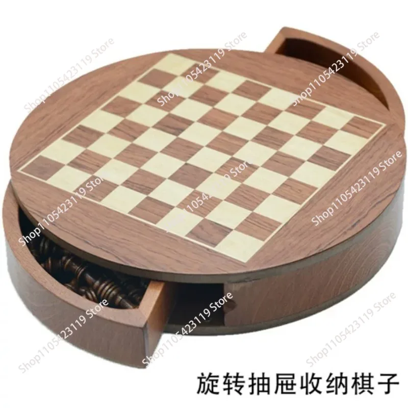 

Magnetic Rotating Chess Set, Round Wooden Board with Spinning Drawer Storage, 32 Magnetic Pieces Travel Game