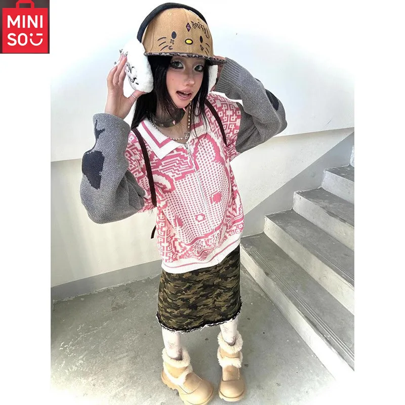 

MINISO Abi style sweater jacket, women's Hello Kitty knitted cardigan, contrasting color splicing, lazy loose top