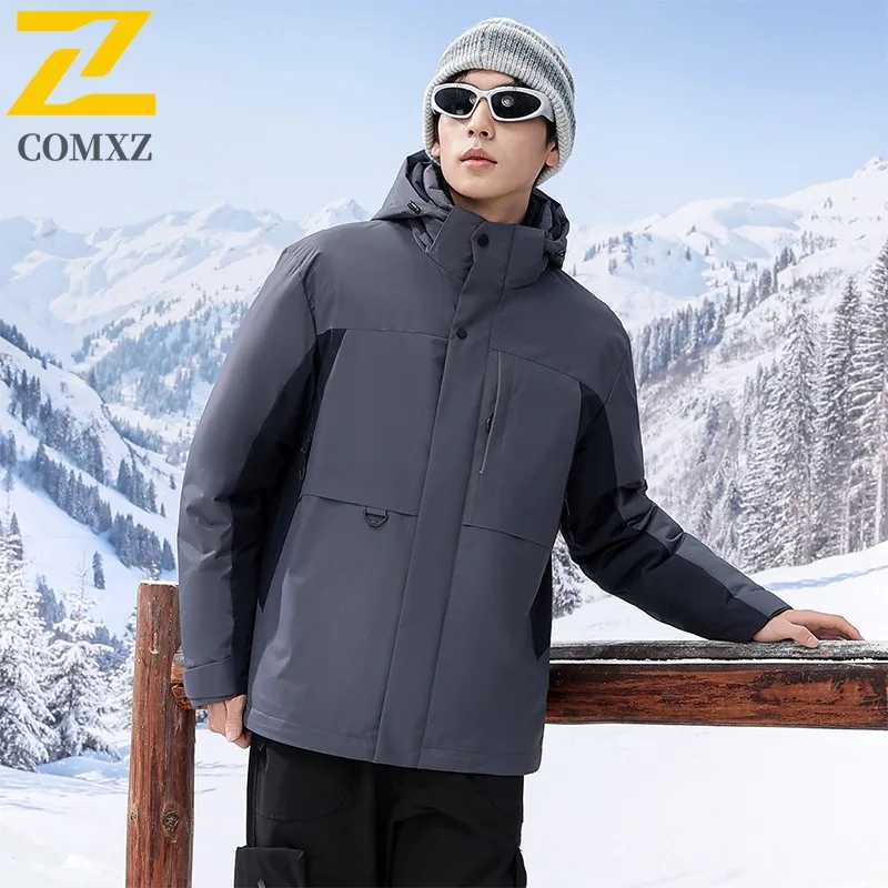 COMXZ Men Cotton Padded Jacket Solid Color Hooded Tool Waterproof Thick Warm Travel Padding Coat Snowy Windproof Puffer Jackets