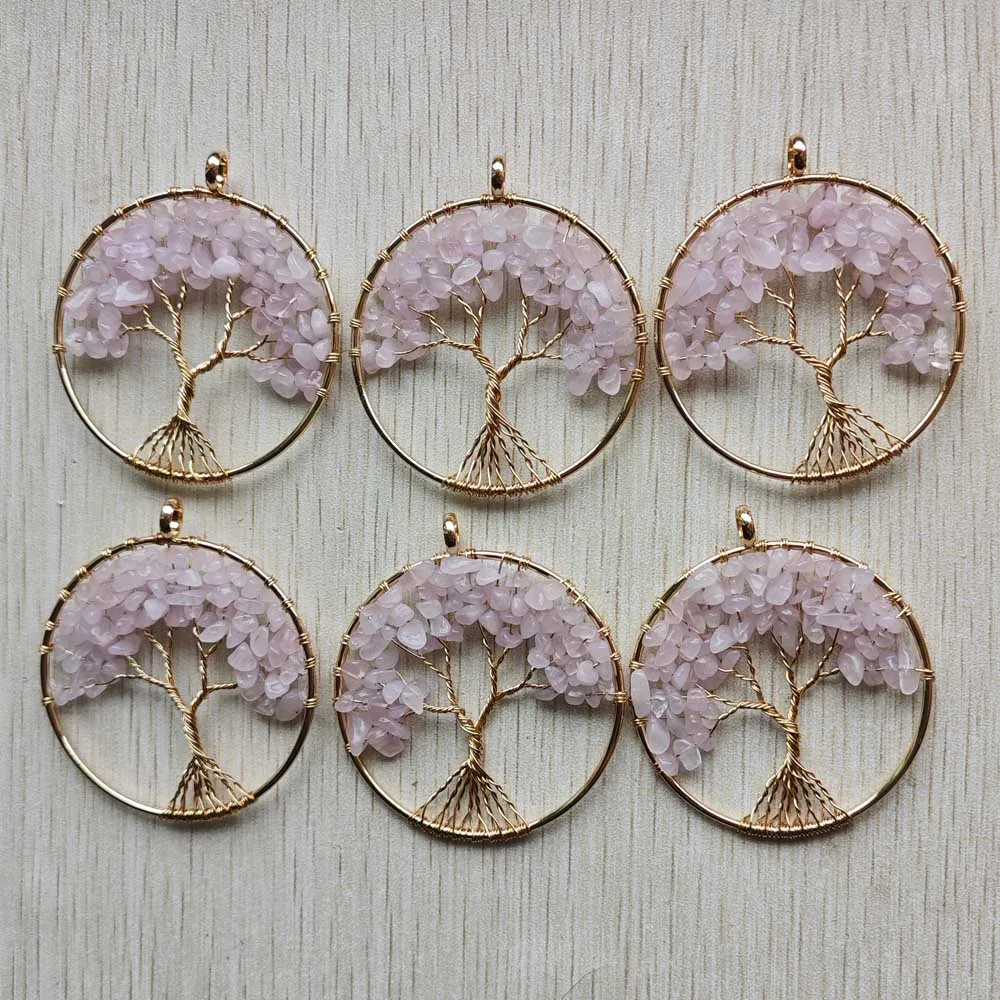 Pink Natural rose quartz stone Tree of life handmade gold-plated wire wrapped Pendants 50mm for jewelry making Wholesale 12pcs