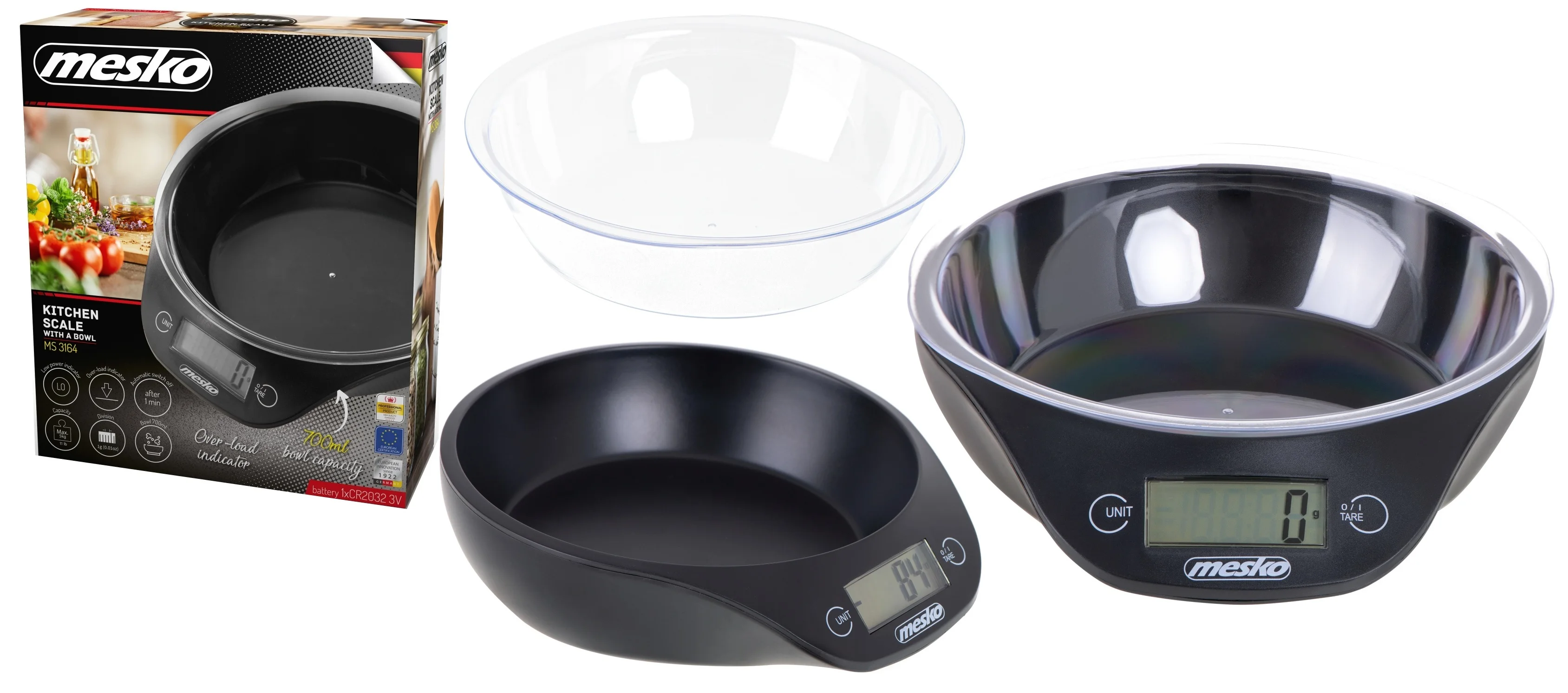 Mesko Küchen waage mit Schüssel, Tragfähigkeit 5kg, Genauigkeit 1g, Farbe schwarz, Hersteller: mesko-agd, sku: ms3164