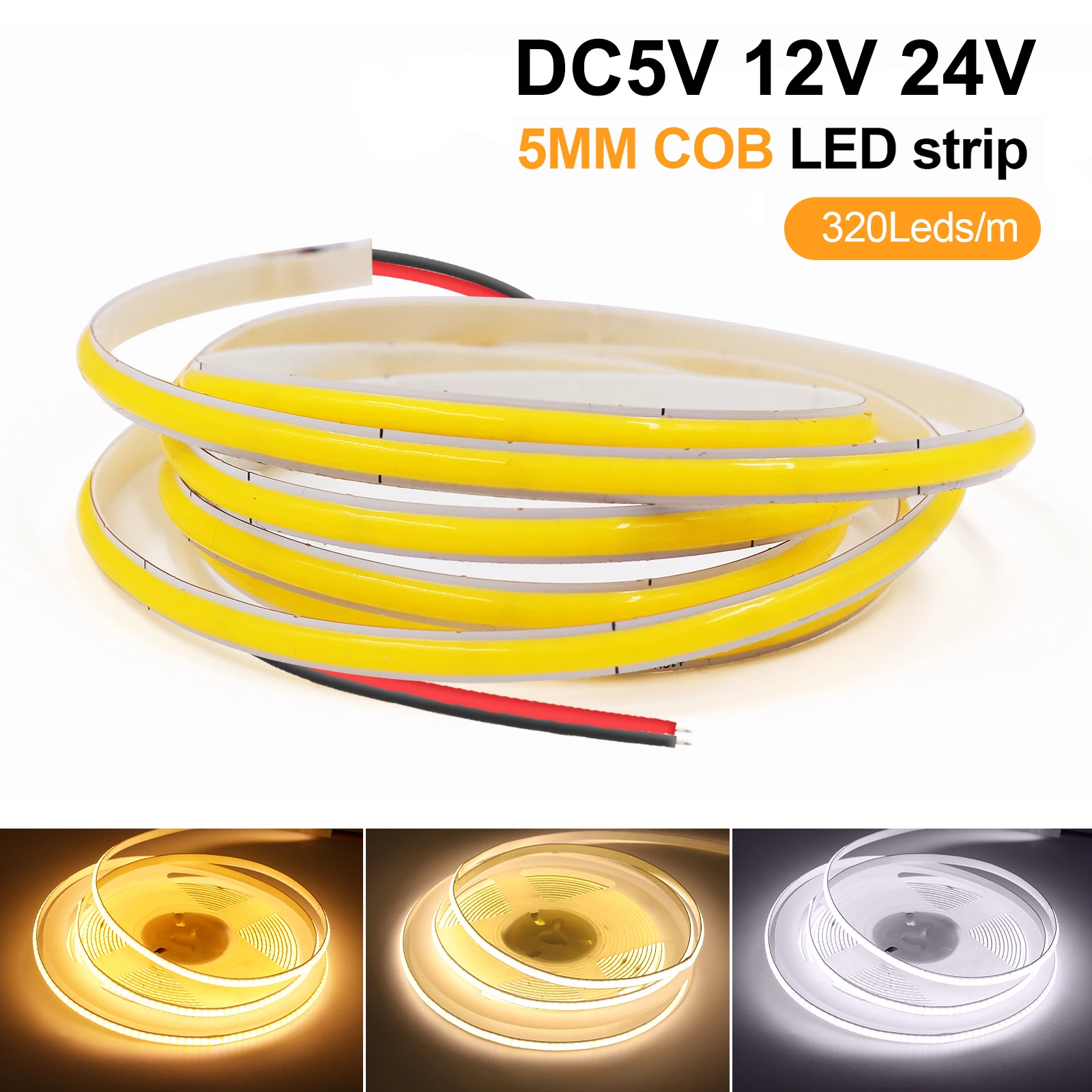 Super Thin 5mm COB LED Strip 320LEDs/m DC12V 5V Flexible LED Tape Ribbon Warm Cold White for Decor Lighting 3000K 4000K 6000K