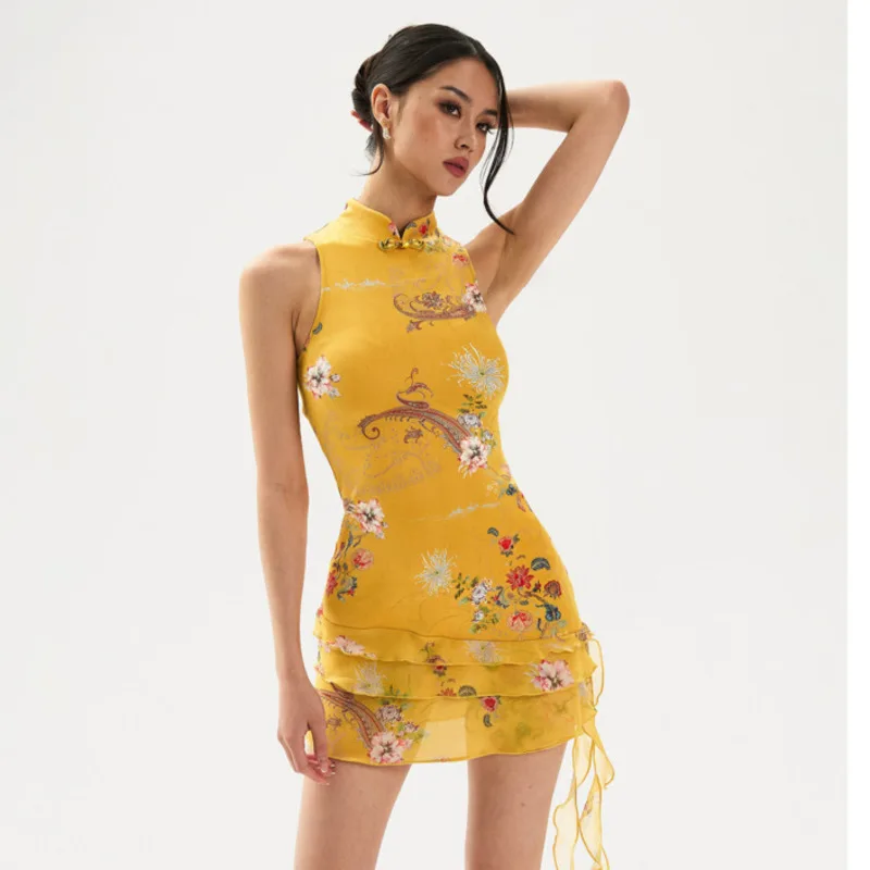 Nuevo Vestido Cheongsam de Estilo Chino Nacional con Estampado Qipao, Corte Ajustado, Cuello Alto, Falda Corta, Qipao Corto con Flores Amarillas, Vestido Hanfu