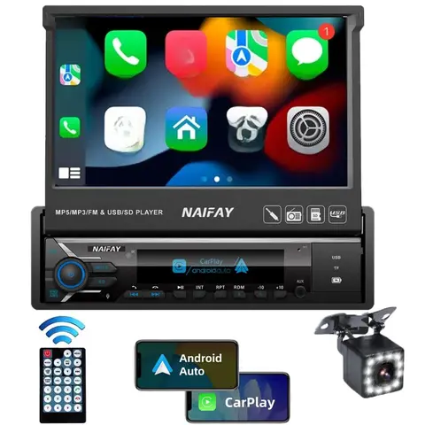 7 Inch Retractable Touchscreen Car Radio Stereo Sound Android Compatible with Rear View Camera Mirror Link Voice Control Navigat