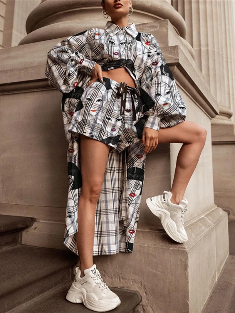 Oversized Two Piece Shorts Sets Women Tracksuit Autumn Clothes Cartoon Print Blouse Long Shirt Top Shorts Suit Fashion Woman Set