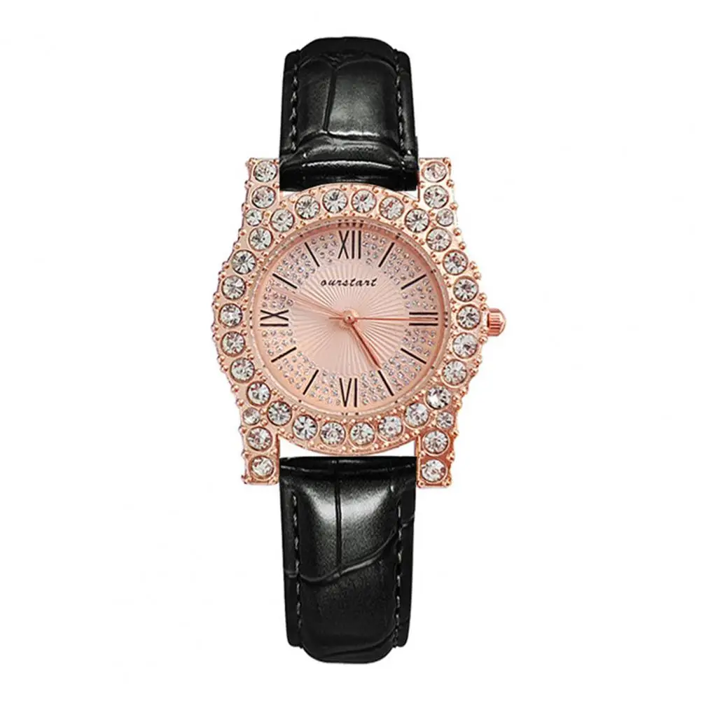 Relógio quartzo feminino elegante com mostrador estilo strass, pulseira de couro falso ajustável para negócios, alta precisão