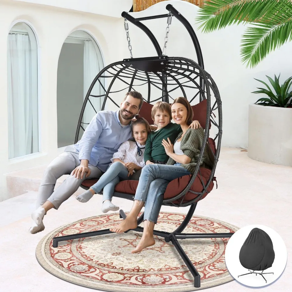 

2 Person Double Egg Swing Chair with Stand for Indoor Outdoor, Patio Wide & Large Comfy Rattan Hanging Egg Seating with Cushion