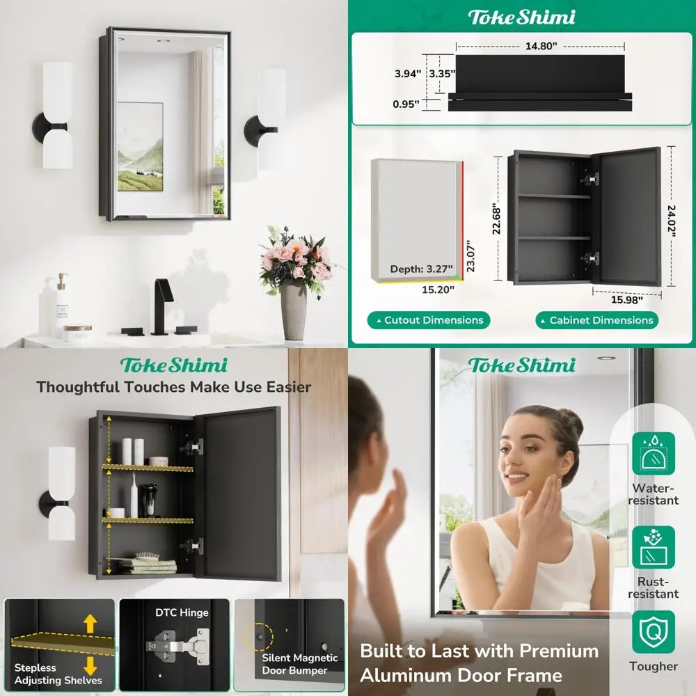 

Black 16x24 Inch Recessed Medicine Cabinet with Mirror and Storage for Bathroom