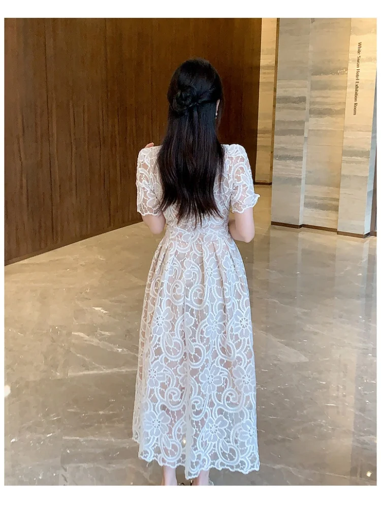 SMTHMA French High-End Super Beautiful Lace Long Dress Women\'s 2024 New Summer Light Luxury Vintage Elegant Runway Dresses