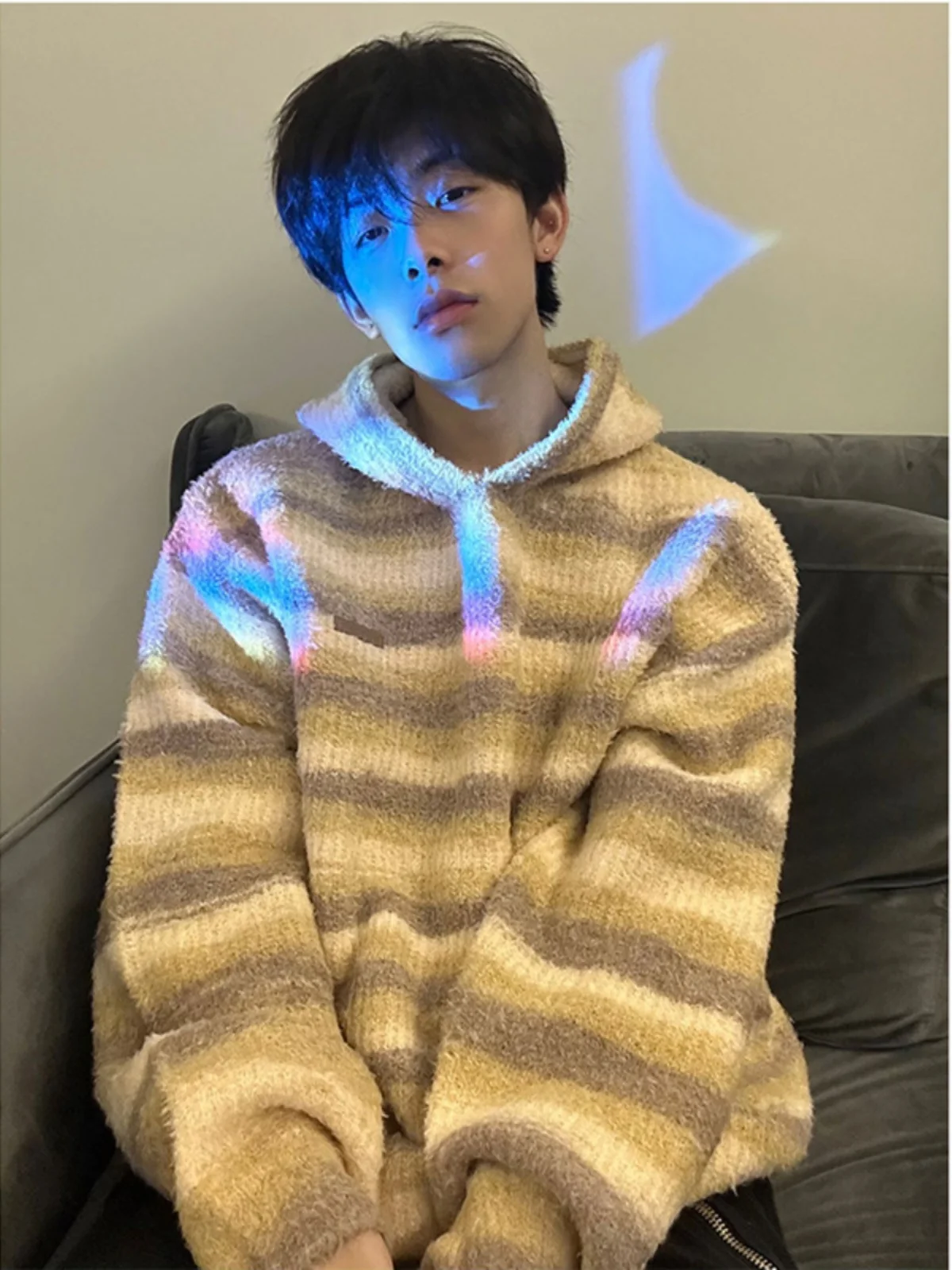 

Men's adient Color Blo Hoodie Knitted Sweater Winter Casual Loose Fit Long Sve Overhead Top American Retro Sle