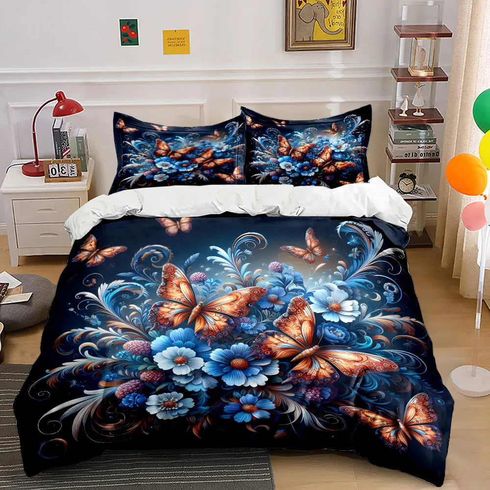 Elegant Butterflies with Lush Blue Flowers Bedding Set for Kids Luxury Gift 3pcs Digital Print Comforter Set Soft Comfortable