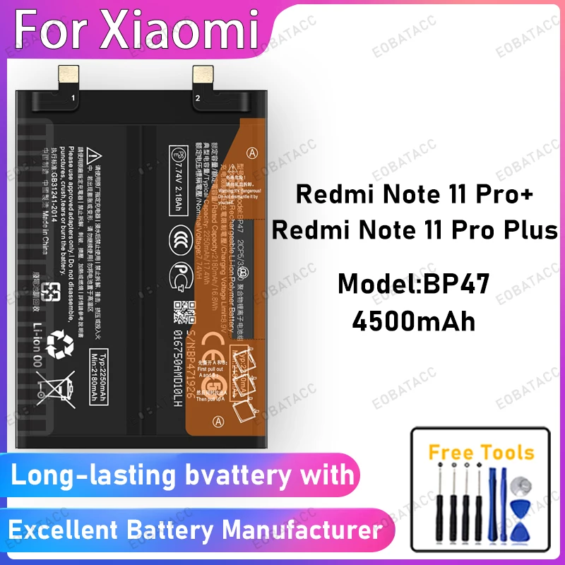 100% New 4500mAh BP47 Battery For Xiaomi Redmi Note 11 Pro Plus Battery Replacement Bateria+Free Tools