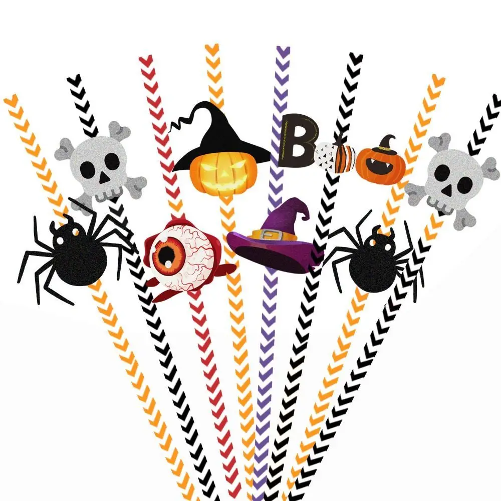 

24pcs 20cm Halloween Disposable Paper Drinking Straws Spider Pumpkin Witch Decor Straw Halloween Decoration 2023 Party Supplies