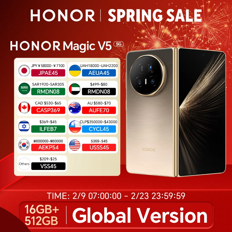 

NEW HONOR Magic V5 16GB+512GB Foldable OLED Screen 5G Smartphone Snapdragon 8 Elite 5820 mAh Battery 50W Wireless SuperCharge