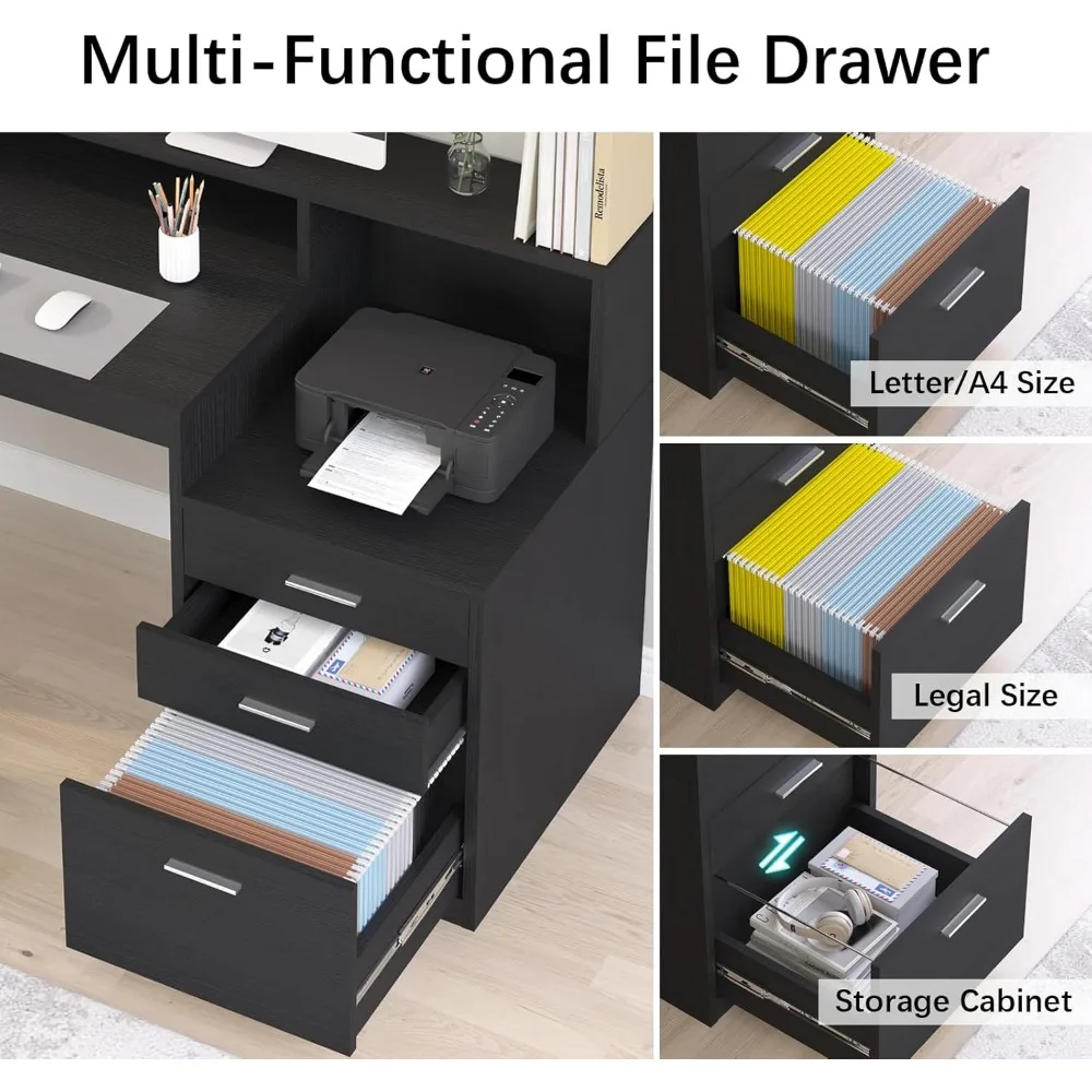 Mesa do computador com 3 gavetas e prateleiras de armazenamento, Home Office Desk, gaveta de arquivo e armário, Escrita Estudo Tabela, Longo