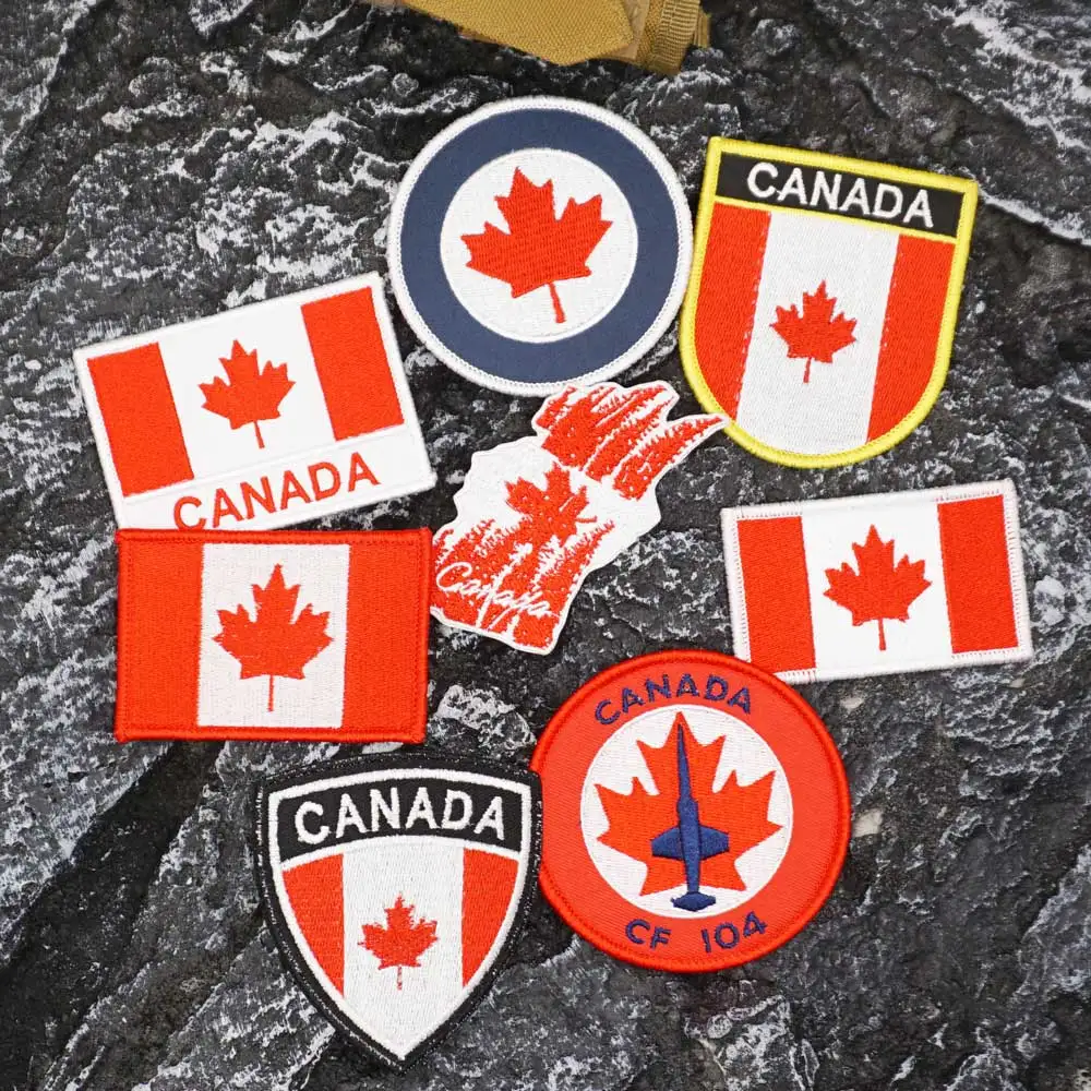 Parche bordado con bandera de CANADA con borde de merrow, apliques cosibles para ropa y accesorios