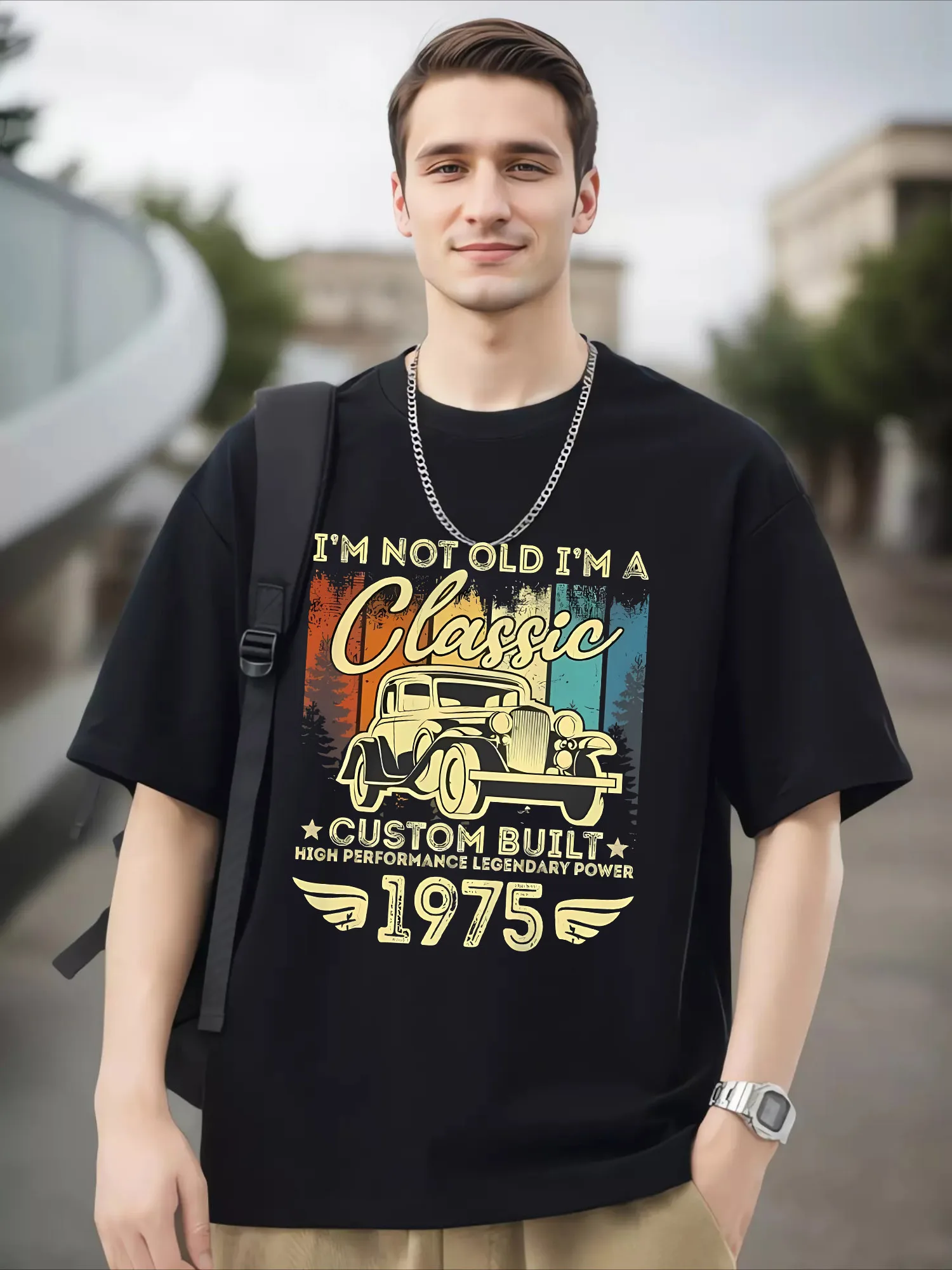 

Классическая винтажная футболка с принтом автомобиля, забавная рубашка 1975 года, персонализированная 50-летняя мужская одежда с короткими рукавами и рисунком, 100% хлопок, топ