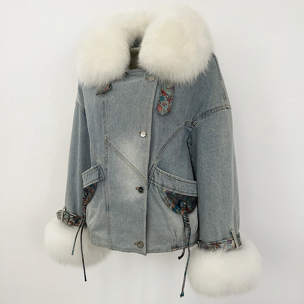 MENINA nuovi vestiti autunno inverno femminile vera pelliccia di volpe piumino d'oca coperchio interno giacca di jeans donna spessa pelliccia calda piumino signora