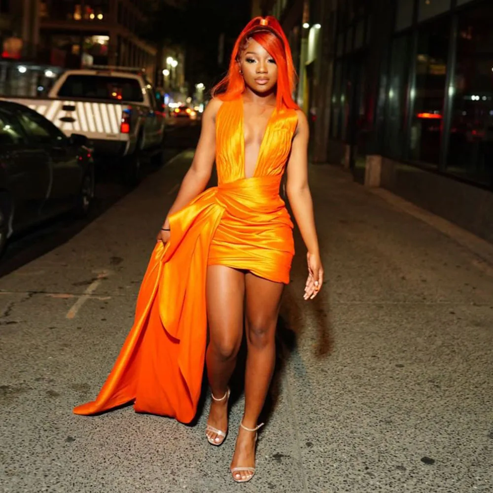 

Sexy Prom Gowns 2022 Deep V-Neck Pleat Simple Formal Party Dress Women Orange Sleeveless Zipper Africa Sheath Evening Dress