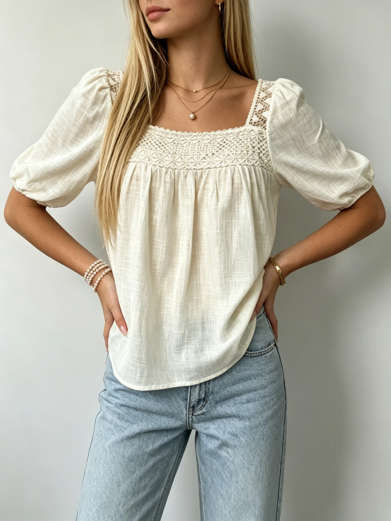 New Summer French Chic Fashion Solid Women's Tops Cream Apricot Sweet Square Neck Blouse Loose Fit Babydoll Top view 2