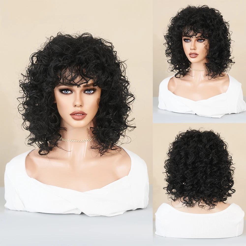 

Natural Black Short Curly Hair for Women Heat Resistant Synthetic Bangs Party Daily Female Wigs