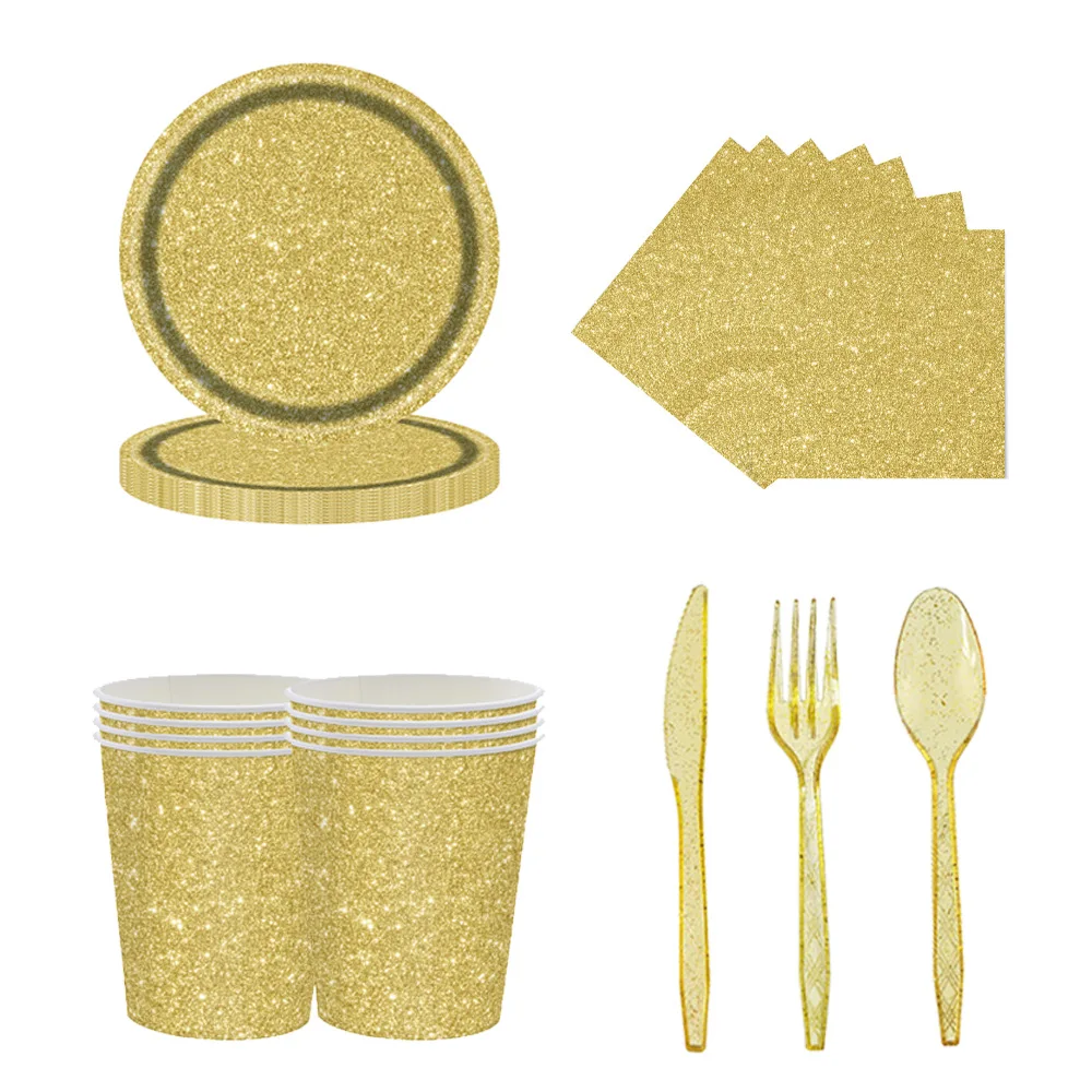 Disposable Tableware Paper Plate Gold Cups Hot Stamping  Paper Plates Wedding Happy Birthday Party Supplies Baby Shower Set