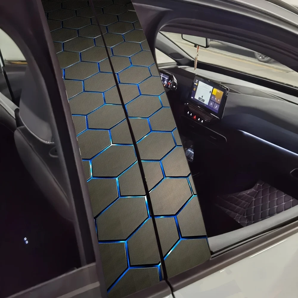 2Pcs Car B Pillar Sticker Scratch Resistant Vinyl Decal Hexagon Blue Geometric Pattern Auto Protection for Sedan