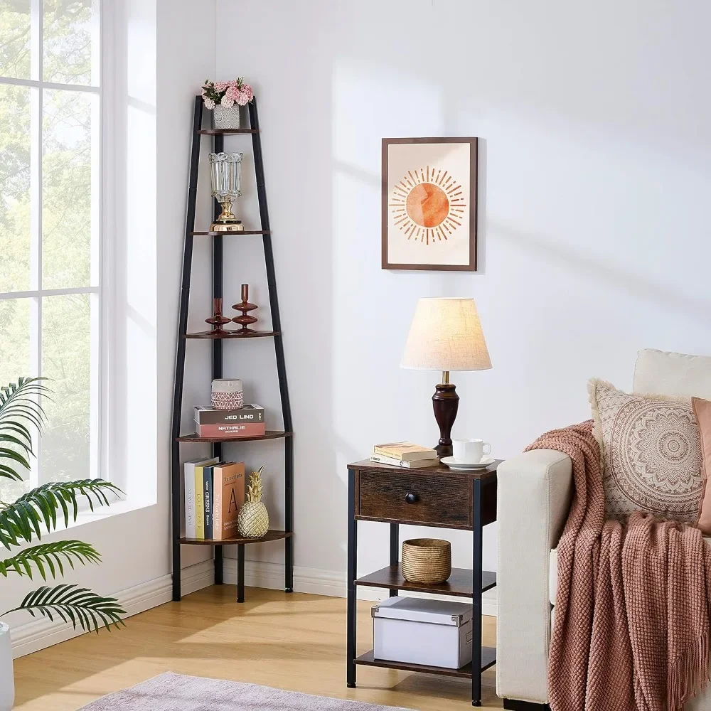 Corner Bookshelf, Industrial 5-Tier Bookshelf, Rustic Ladder Shelf, Corner Bookcase