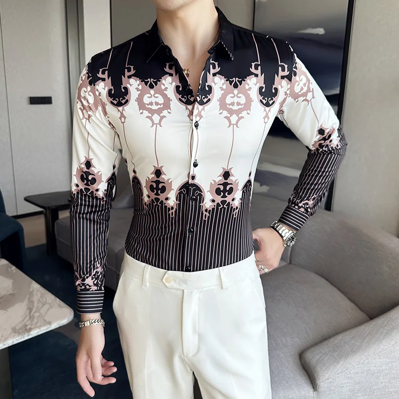 Luxury Men\'s Printed Shirts Spring Autumn Korean Long Sleeve Slim Men Dress Shirt Party Business Social Boutique Ropa Hombre 6XL