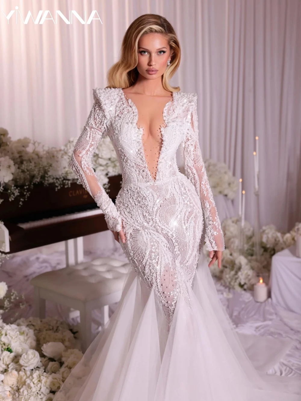 

Illusion Deep V-neck Long Sleeve Wedding Dress Luxury Beads Pearls Bridal Gown Customized Elegant Mermaid Dresses For Bride