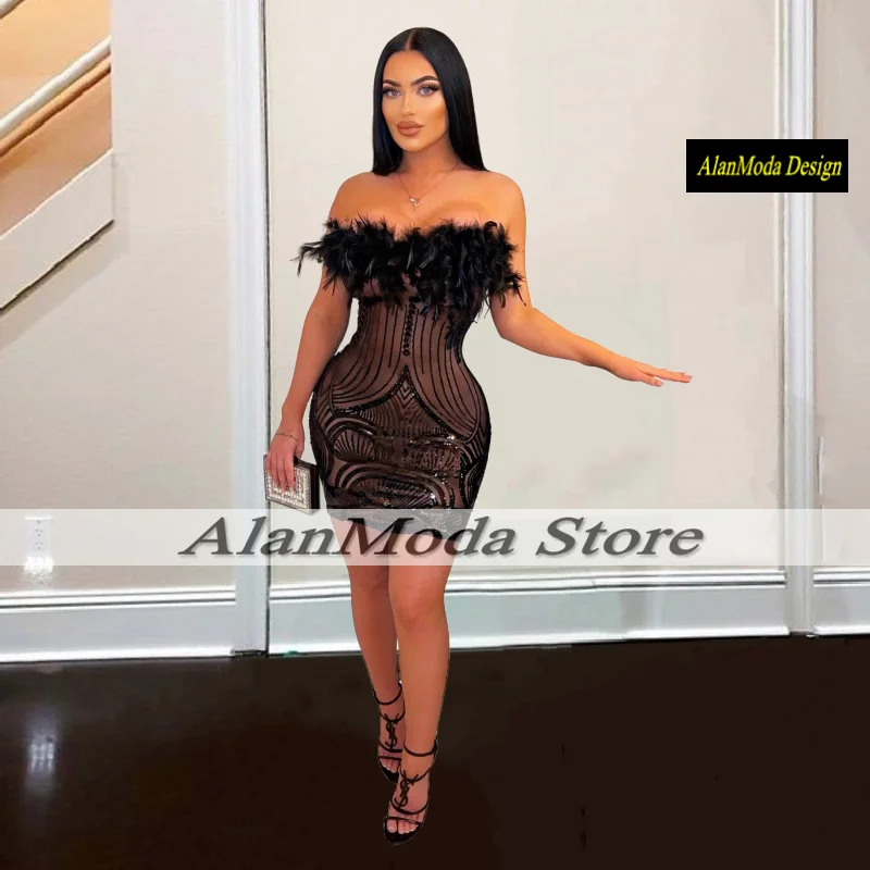 Sexy Little Black Party Dresses For Women Sequin Feathrs Strapless Short Cocktail Gowns Backless Mini Birthday Outfits