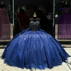 Angelsbride Navy Blue Ball Gown Quinnceanera Dress Sparkly Tulle Beading Brithday Evening Party Vestidos De 15 Años Quinceañeras