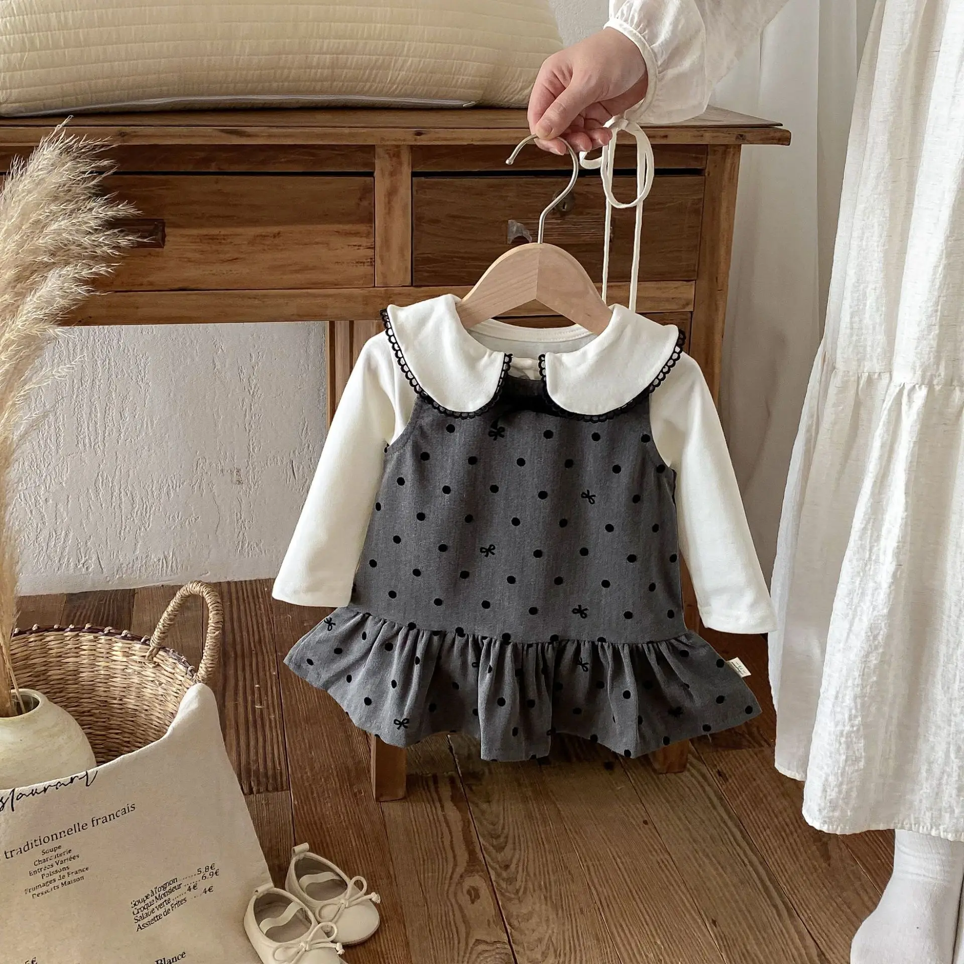 Conjunto de vestido para niña pequeña, Tops de manga larga con cuello Peter Pan y chaleco, traje de 2 uds., trajes para niños pequeños, otoño 2025