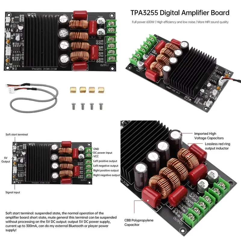 TPA3255 600W HIFI Audio Amplifier Board DC19-50V, 300W + 300W Power Supply, Dual Stereo Module