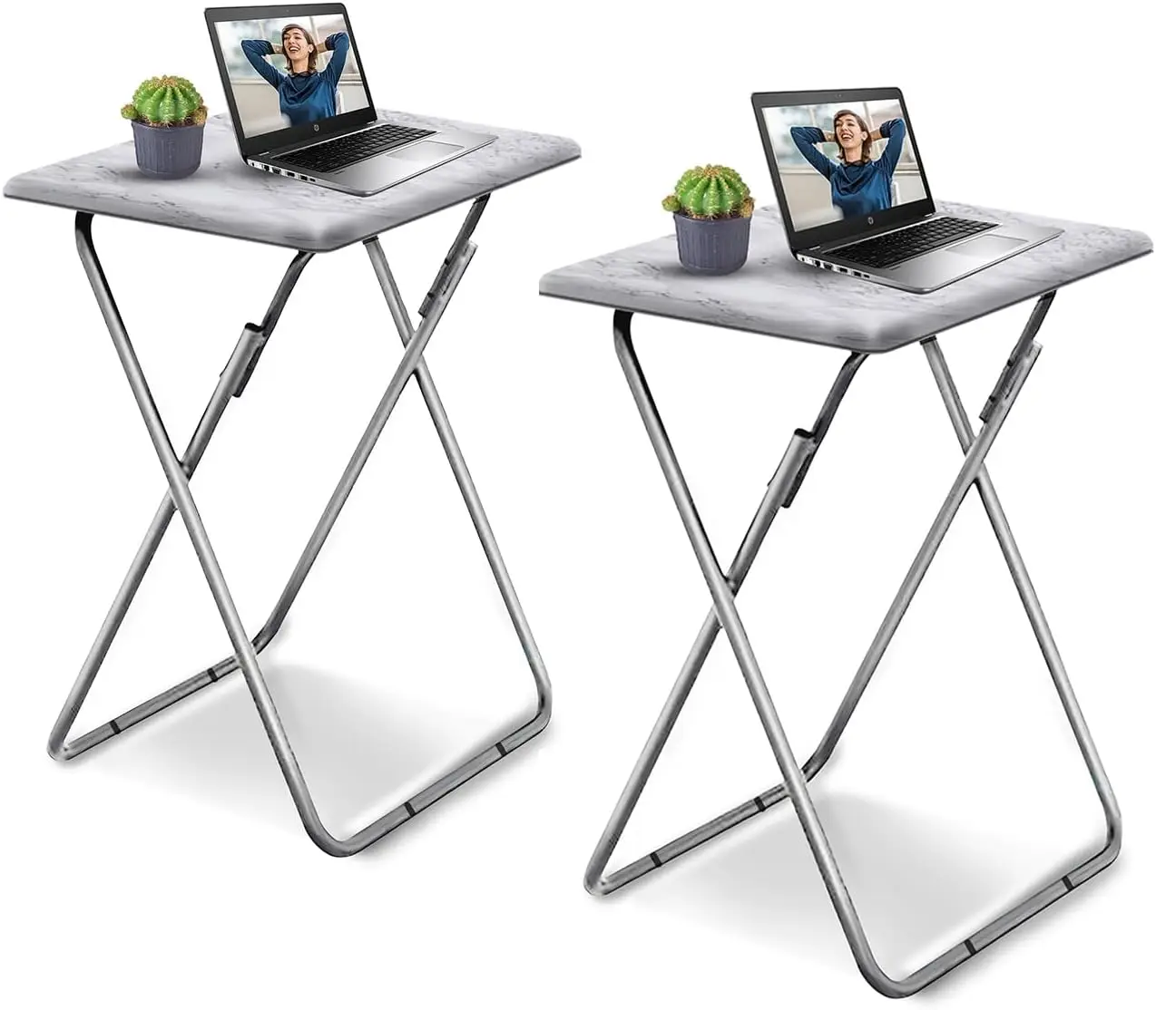 

Folding TV Tray Table Set of 2, Sturdy Snack Eating Table with X-Shaped Legs for Living Room, No Assembly Required, White Marble