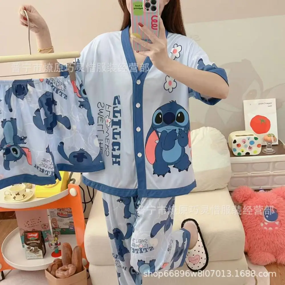

3 шт., новые пижамы Disney Stitch, весна-лето, женская милая футболка с героями мультфильмов, брюки, свободная одежда из искусственного хлопка, милая уличная одежда для дома