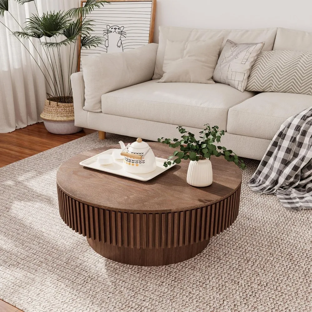 طاولة قهوة مستديرة مقاس 31.5 بوصة مع مساحة تخزين، طاولات مركزية حديثة فاخرة على شكل طبلة دائرية مع قشرة من الخشب الصلب، علامة تبويب قهوة جانبية مميزة #5