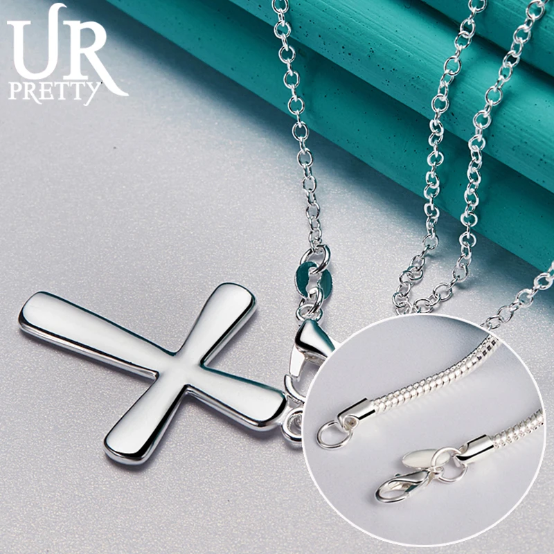 URPRETTY 925 Sterling Silver Heart Smooth Cross Pendant Necklace 16/18/20/22/24/26/28/30 Inch Chain For Woman Wedding Jewelry